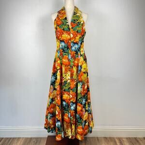 Vintage 70? Jan Barboglio Vibrant Floral Button Front Sleeveless Midi Dress SZ 8
